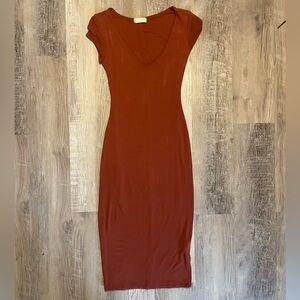 Cozy See You Monday Terracotta Stretchy V Neck Midi Dress XS